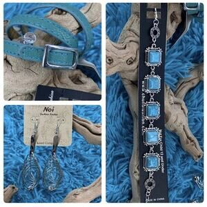 3 pc Silver turquoise bracelet, Silver Textured earrings and Faux Leather wrap